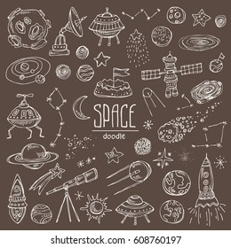 Collection of Space objects and symbols: space rocket, space satellite, planet, moon, planet earth, asteroids, spaceship, star, telescope, constellation, comet. Hand drawn doodles illustration.