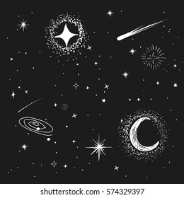 Collection of space objects.Cosmic vector illustration.Hand drawn