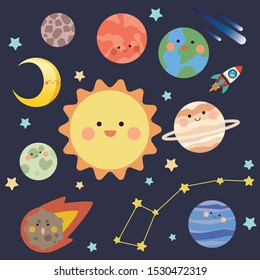 The collection of space and planet in the set have a face with emotion in flat vector style. Graphic resource about galaxy ,science,education for graphic,content , banner, sticker.