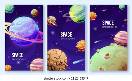 Collection space posters with 3d planets, comets and stars vector illustration. Set of vertical background neon abstract galaxy universe. Science exploration presentation planetary astronomy asteroid