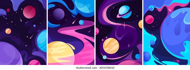Collection of space posters. Placard designs in abstract style.