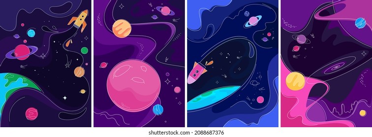 Collection of space posters. Placard designs in doodle style.