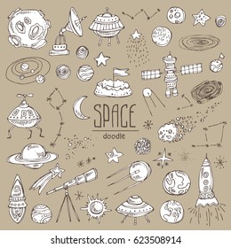 Collection with space rocket, satellite, planet, asteroid, spaceship, star, telescope, constellation, comet. Hand drawn doodles illustration.