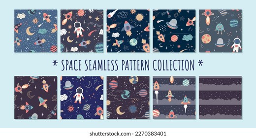 collection of Space Seamless Pattern in childish hand-srawn style. vector seamless pattern with rocket, planets, shooting star,comets, etc. suitable for fabric printing, blanket, shirt, clothes etc.