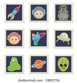 collection of space stamps with rockets, astronauts and aliens isolated on white