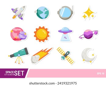 Collection of space sticker illustrations. Sun, Star, UFO, Planets, Astronaut, Spaceship, Earth, Moon. Vector illustration