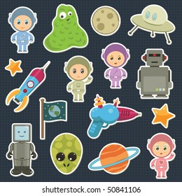 collection of space stickers with robots aliens and astronauts