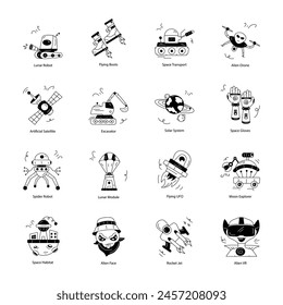 Collection of Space Technology Doodle Icons

