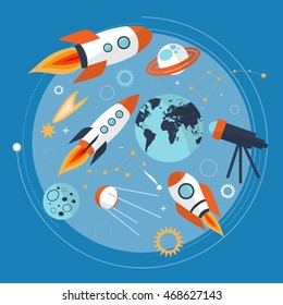 Collection of spaceship, planets and stars. Cartoon space icons. Hand drawn. Vector illustration