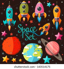 Collection of spaceship, planets and stars. Seamless background . Cartoon space icons. Elements for scrap-booking. Hand drawn vector illustration.