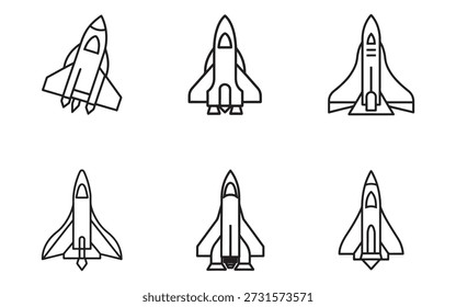 Colección de iconos vectoriales de naves espaciales en estilo de arte de línea simple para proyectos de exploración espacial y diseño futurista