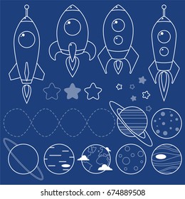 Collection of spaceships, planets and stars. Space symbols for scrap-booking, design projects, invitations and advertisement