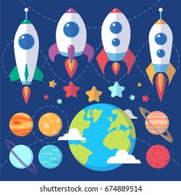 Collection of spaceships, planets and stars. Space symbols for scrap-booking, design projects, invitations and advertisement