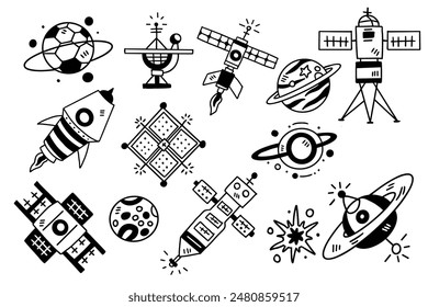 A collection of space-themed drawings, including rockets, planets, and satellites. Scene is playful and imaginative, with a focus on the vastness and wonder of the universe