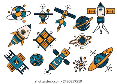 A collection of space-themed drawings, including rockets, planets, and satellites. Scene is playful and imaginative, with a focus on the vastness and wonder of the universe