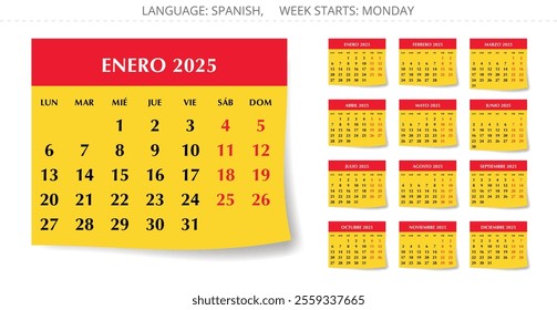 Collection of Spanish calendars for 2025. Vector illustration for each month of the year. In the colors of the Spanish flag