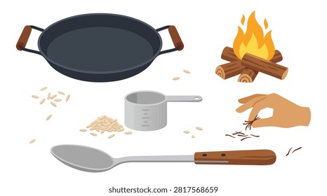 A collection of Spanish cooking essentials for outdoor adventures and culinary creations, including a pan, campfire, measuring cup, spoon, and spices.