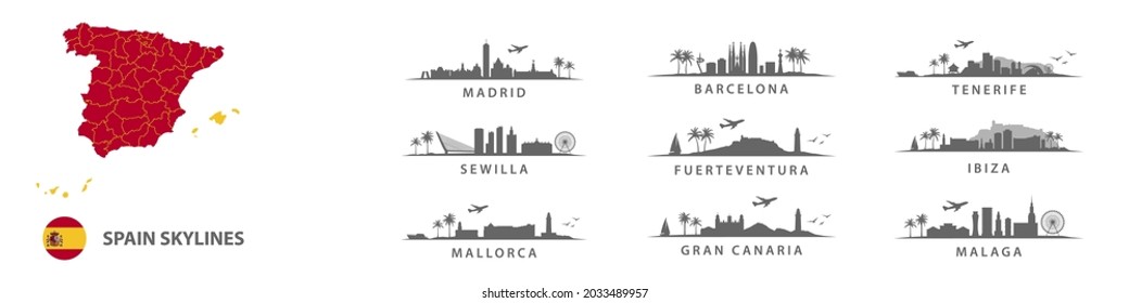 Collection of spanish skylines, big cities in Spain, Madrid, Barcelona, Seville, Malaga, Ibiza, Tenerife, Las Palmas, Gran Canaria