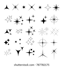 Colección de ilustraciones vectoriales espumosas. Esparce símbolos negros. Estrella espumosa. Estrella de efecto luminoso brillante.