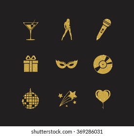 A collection of sparkling gold glitter stylized fancy night club and party icons for flier, banner, typography, web, design. 