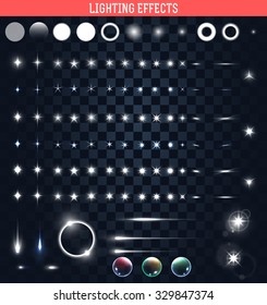 Collection of sparkling light effects, glowing stars, lens flares and glittering highlights on a transparent dark background. Vector illustration 