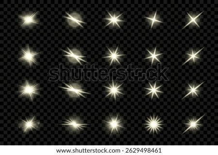 Collection of sparkling light effects, lens flares, and glowing stars on a transparent background, adding a touch of magic and brilliance to any design