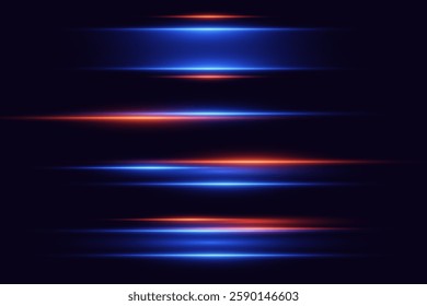 Collection of sparkling neon lines, red and blue laser beams effect.