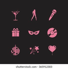 A collection of sparkling pink glitter stylized fancy night club and party icons for flier, banner, typography, web, design. 