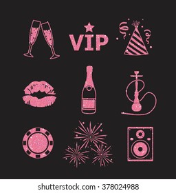 A collection of sparkling pink glitter stylized fancy night club and party icons for flier, banner, typography, web, design.