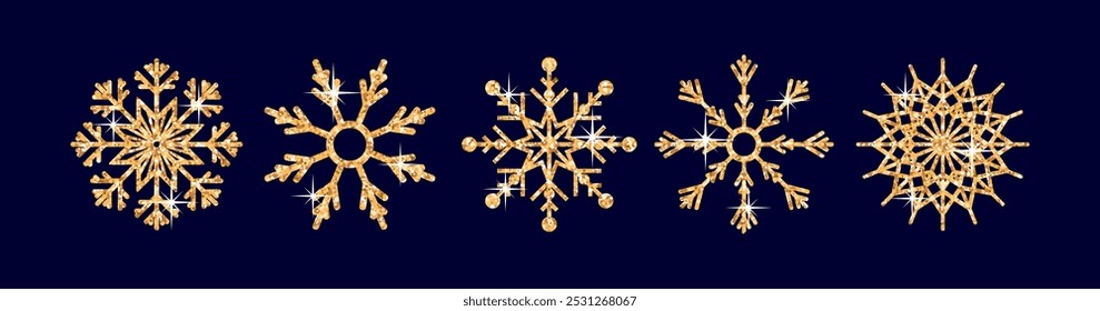 A collection of Sparkling snowflake icons perfect for winter decorations. Merry Christmas and Happy New Year. A holiday design featuring realistic festive elements and glittering gold confetti