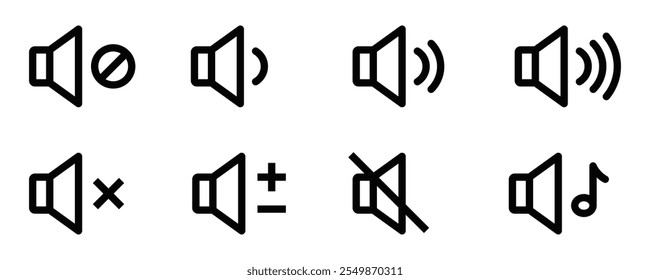 Collection of speaker icons in outline style. Editable stroke.