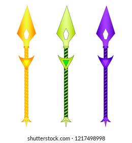 Collection of spears isolated on white background. Association with the sun, earth, moon. Fantasy magic weapon. Vector illustration for Your Design, Game, Card.