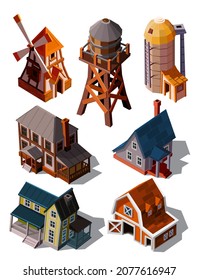 Collection of special farm buildings, houses in european style for cartoon 3d game graphics. Set with game environment elements isolated on white background