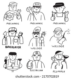 Collection of specialists icons. Occupations: plumber, electrician, welder, bricklayer, mechanic. Outline vector illustrations on white background. 