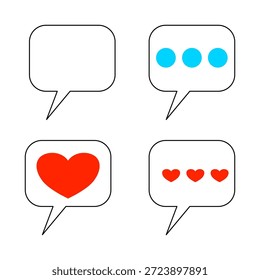 Coleção de ícones de balão de fala para bate-papo e mídias sociais. Inclui bolha em branco, indicador de digitação (pontos) e símbolos de reação cardíaca. Design de vetor plano minimalista para aplicativos de mensagens.