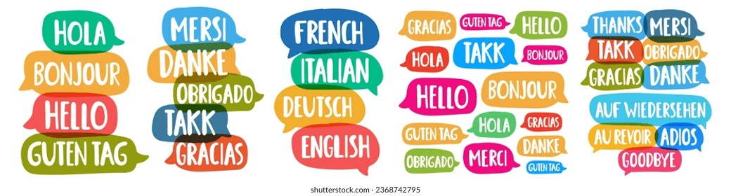 Collection of speech bubbles. Bilingual concept. Greeting and goodbye. French, Italian,  German, English. Vector graphic design. White background.