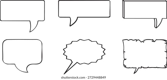 Collection of speech bubbles in clean outline and comic styles. Dialogue balloons with smooth, jagged, and classic shapes for communication and expression. Perfect for comics, presentations, infographics, stickers, worksheets, and creative graphic design.