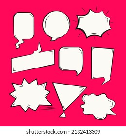 Collection of speech bubbles for comics on pink background.