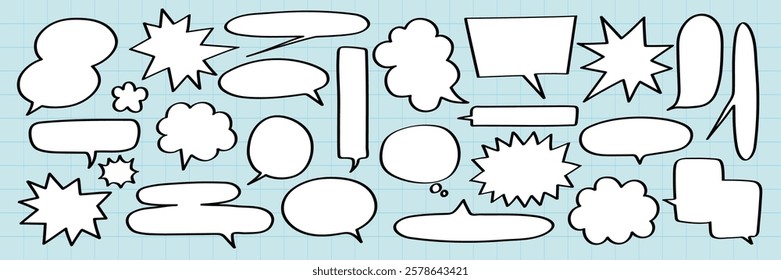 A collection of speech bubbles, comic-style speech bubbles, various shapes, speech bubbles for comics, blank speech bubbles on a grid background. Message illustration vector.