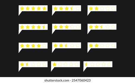 A collection of speech bubbles containing different star ratings from one to five, using yellow stars on a black background. Flat graphic style.