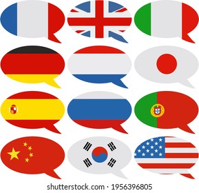 Collection of speech bubbles defining a language with the country flag (flat design) svg