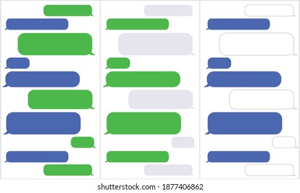 Collection of speech bubbles and dialog balloons in blue, green, and grey for mobile apps, web, comic, print, UI, text message, chat, SMS. Vector Illustration.