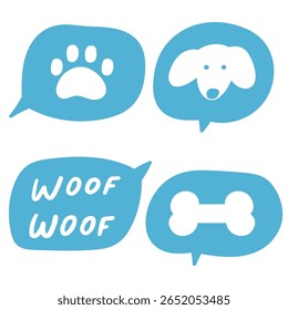 Collection of speech bubbles. Dog paw, Woof, Dog face, Bone. Flat vector illustrations. Isolated icons. Simple design on white background.