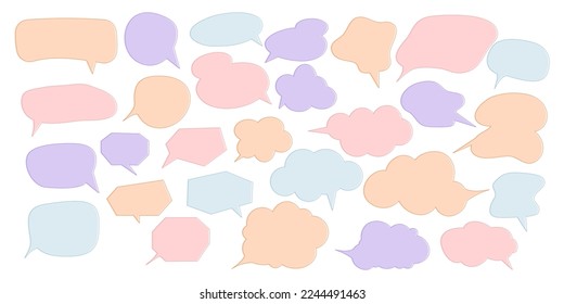 Collection of speech bubbles. Empty comic bubbles. Talking and thinking bubbles. Conversation balloons. Hand drawn speech and thought clouds. Vector elements in pastel colors.