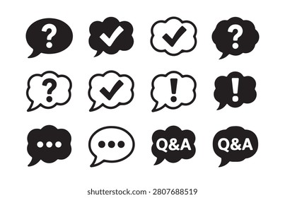 Collection of speech bubbles featuring question mark checkmark exclamation mark and qanda symbols for chat.