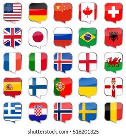 collection of speech bubbles with flags of different national countries