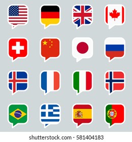 collection of speech bubbles with flags of different national countries