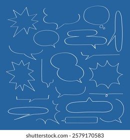 Collection of speech bubbles on a blue background. Speech bubbles in various shapes. Blue background with speech bubbles. Speech bubbles illustration. Message illustration vector.
