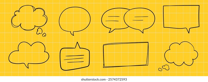 Collection of speech bubbles on a yellow grid background. Speech bubbles in various shapes. Speech bubbles for comic or design use. Speech bubbles illustration. Hand drawn message set. Vectors.