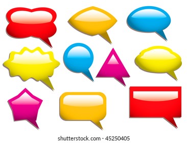 Collection of speech bubbles in primary colors and light reflection